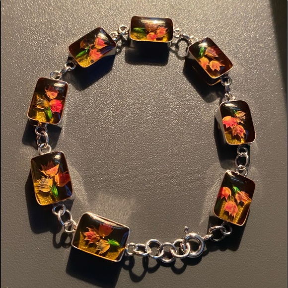 Vintage Sterling Silver Natural Flowers Set In Resin Link Bracelet - Picture 8 of 8